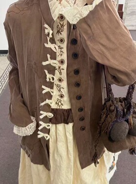 TE GG 早秋山系蕾丝拼接领设计感廓形外套绣花肌理感做旧复古上衣