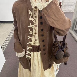 TE GG 早秋山系蕾丝拼接领设计感廓形外套绣花肌理感做旧复古上衣