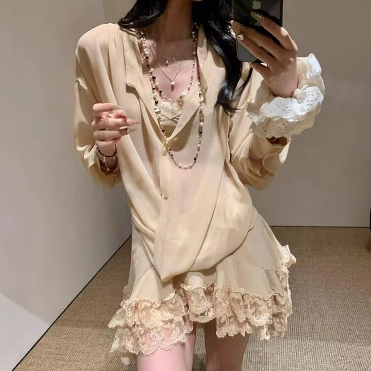 TEbing轻薄透视上衣不规则设计蕾丝花边半身裙甜美温柔连衣裙套装