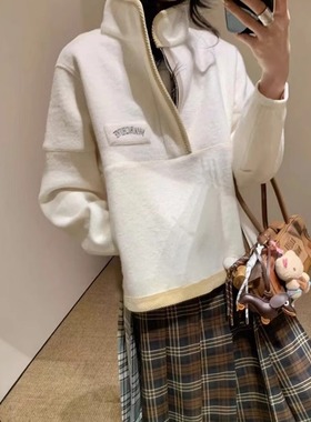 TE marchen甜美学院风毛呢宽松休闲卫衣半拉链miu系慵懒外套上衣