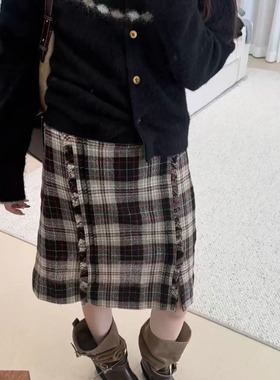 TE marchen复古休闲格纹毛呢半身裙设计感高腰显瘦开叉羊毛短裙女
