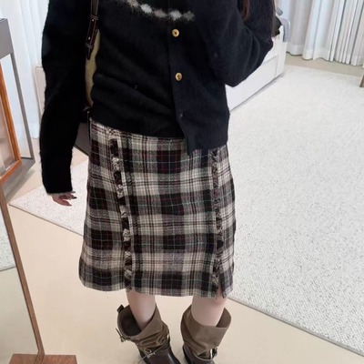 TE marchen复古休闲格纹毛呢半身裙设计感高腰显瘦开叉羊毛短裙女
