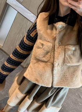 TE marchen25秋冬正反两穿格纹毛绒绒马甲双面设计感叠穿马夹背心