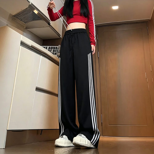 春秋款三条杆运动裤子女款2026新款直筒裤时尚潮流拼接条纹休闲裤
