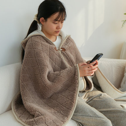 舒棉绒披肩午睡毯 加厚办公室午休小毯子 冬季懒人斗篷连帽小毛毯