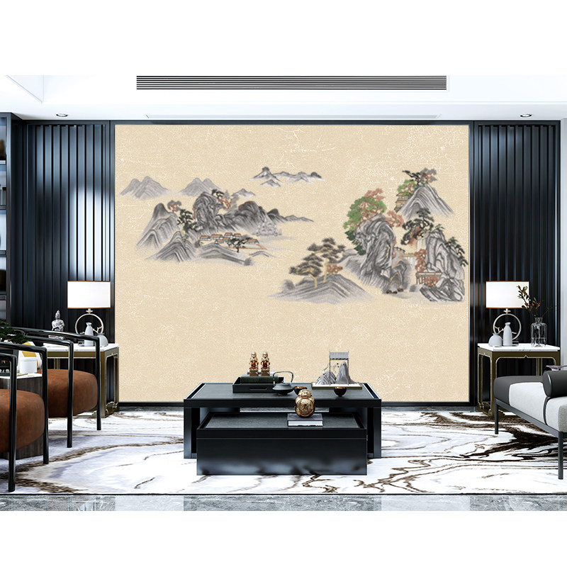 无缝独绣刺绣山水新中式电视沙发背景壁布壁画墙布