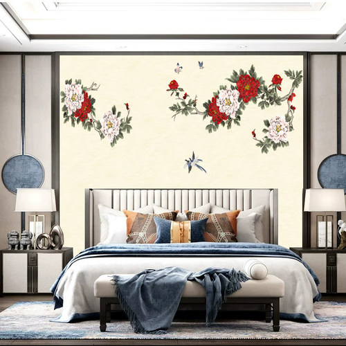 言绣独绣刺绣背景墙布新中式花鸟牡丹花客厅沙发高端定制轻奢壁布
