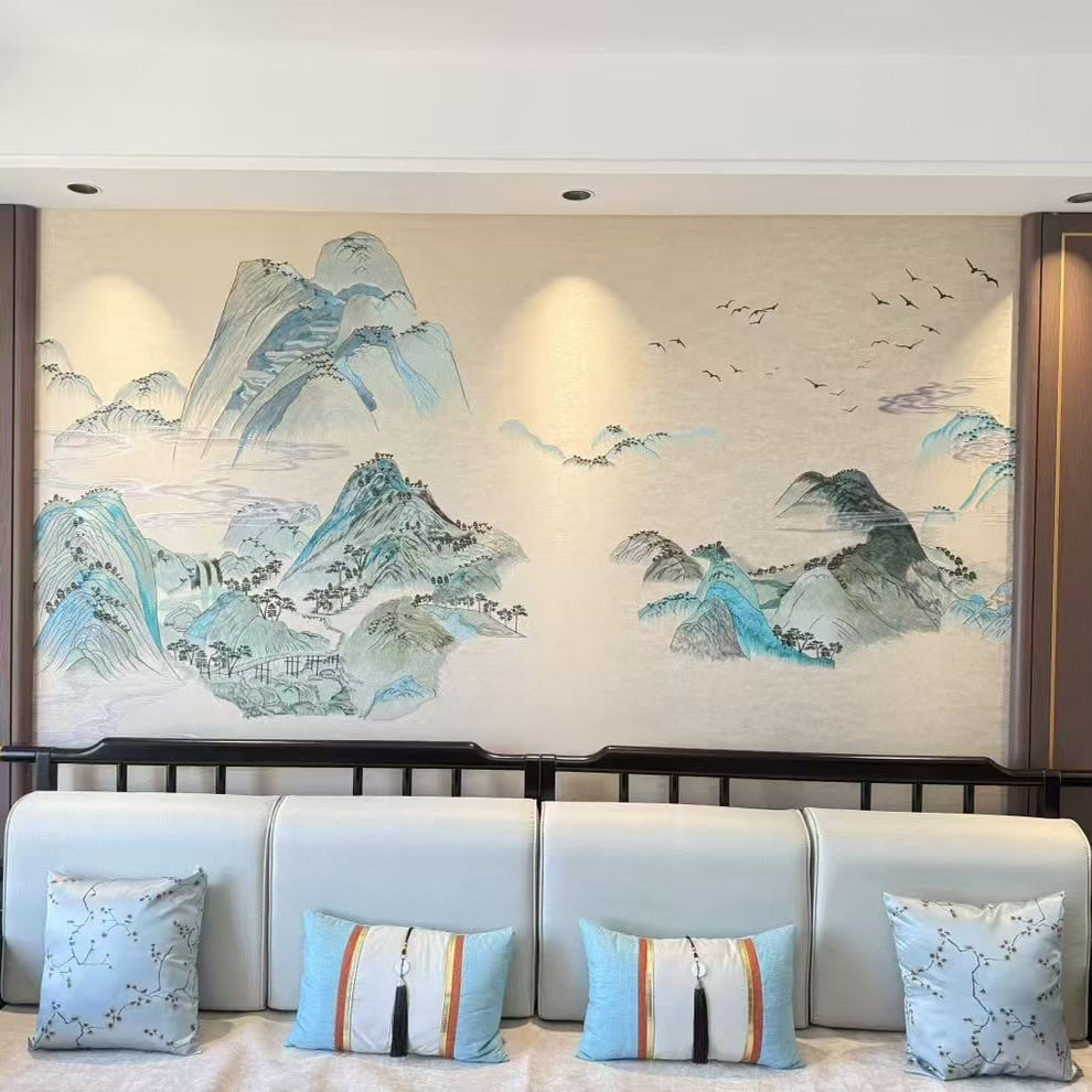 独绣刺绣无缝壁布千里江山图客厅电视沙发背景墙布新中式