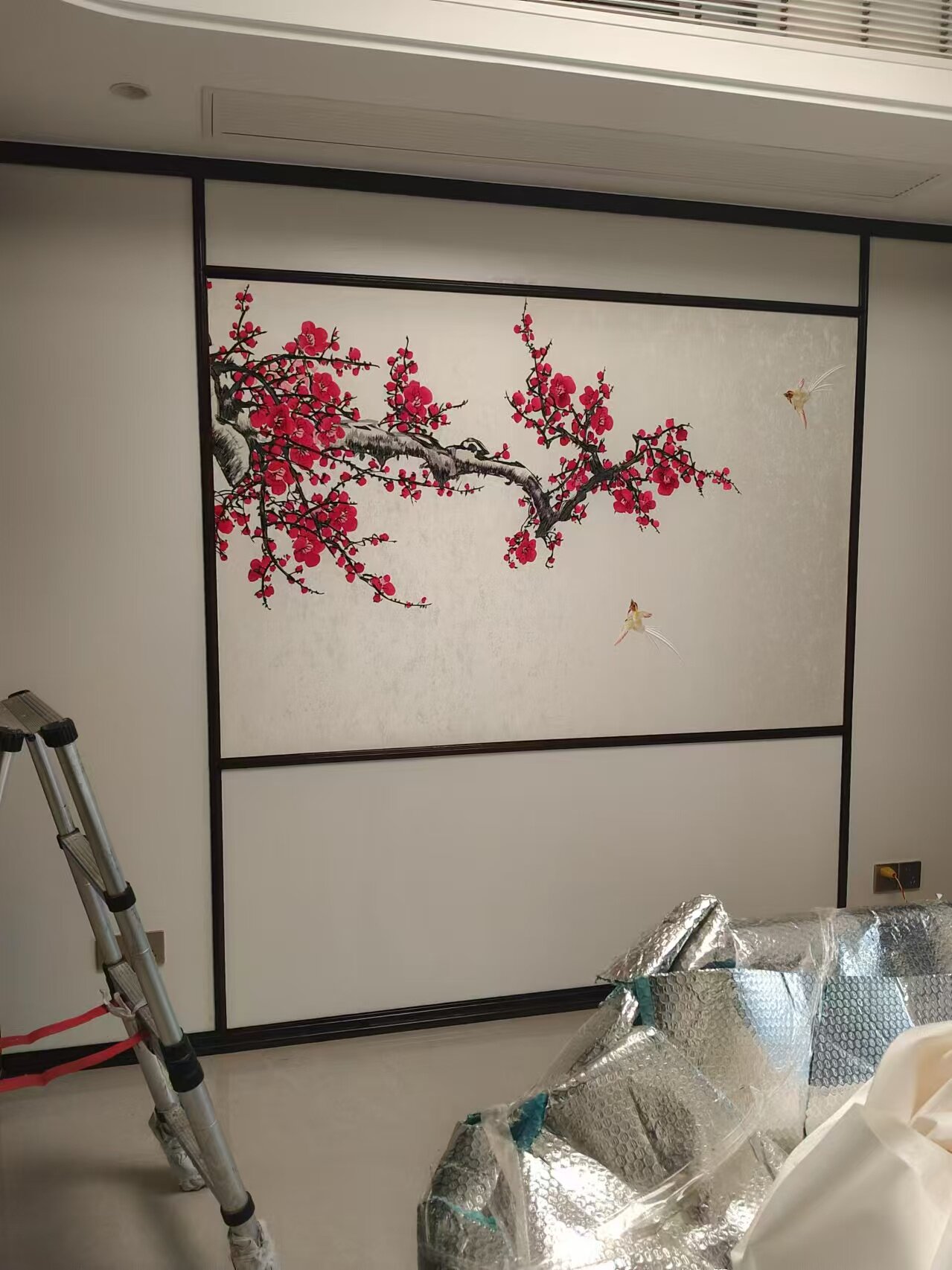 独秀刺绣无缝墙布梅花红梅新中式客厅电视沙发花鸟背景墙壁布壁画