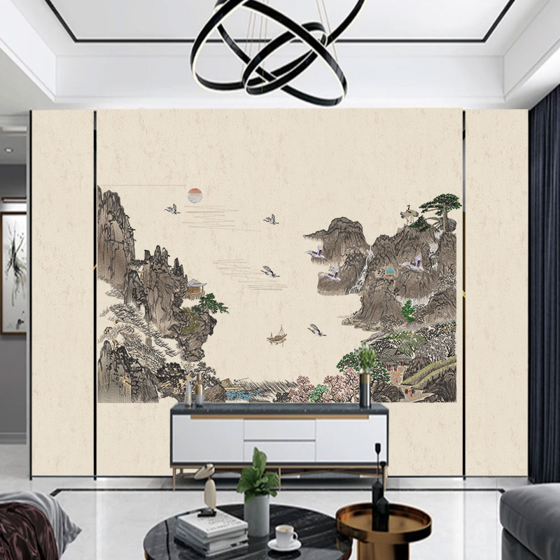 独绣刺绣背景墙布新中式山水画客厅电视沙发床头独秀壁画壁布无缝