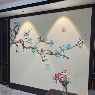 独秀 独绣刺绣无缝壁布花鸟七彩花朵客厅电视沙发背景墙布新中式