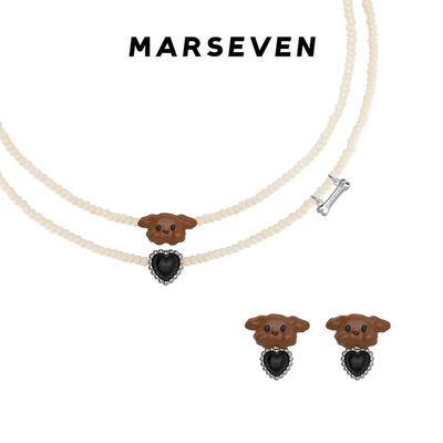 MARSEVEN 黑色爱心小狗耳钉/小狗项链/小狗叠戴手链/小狗戒指