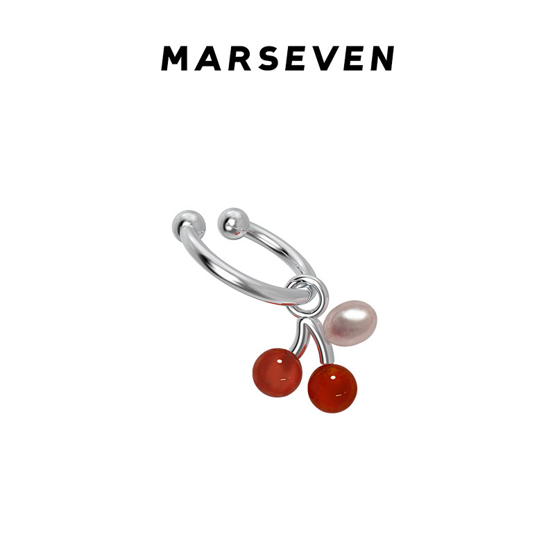 MARSEVEN 闪光派对系列红玛瑙珍珠樱桃耳夹S925银简约无耳洞耳饰