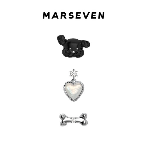 MARSEVEN 黑白小狗系列小狗爱心骨头组合耳钉原创设计趣味耳饰