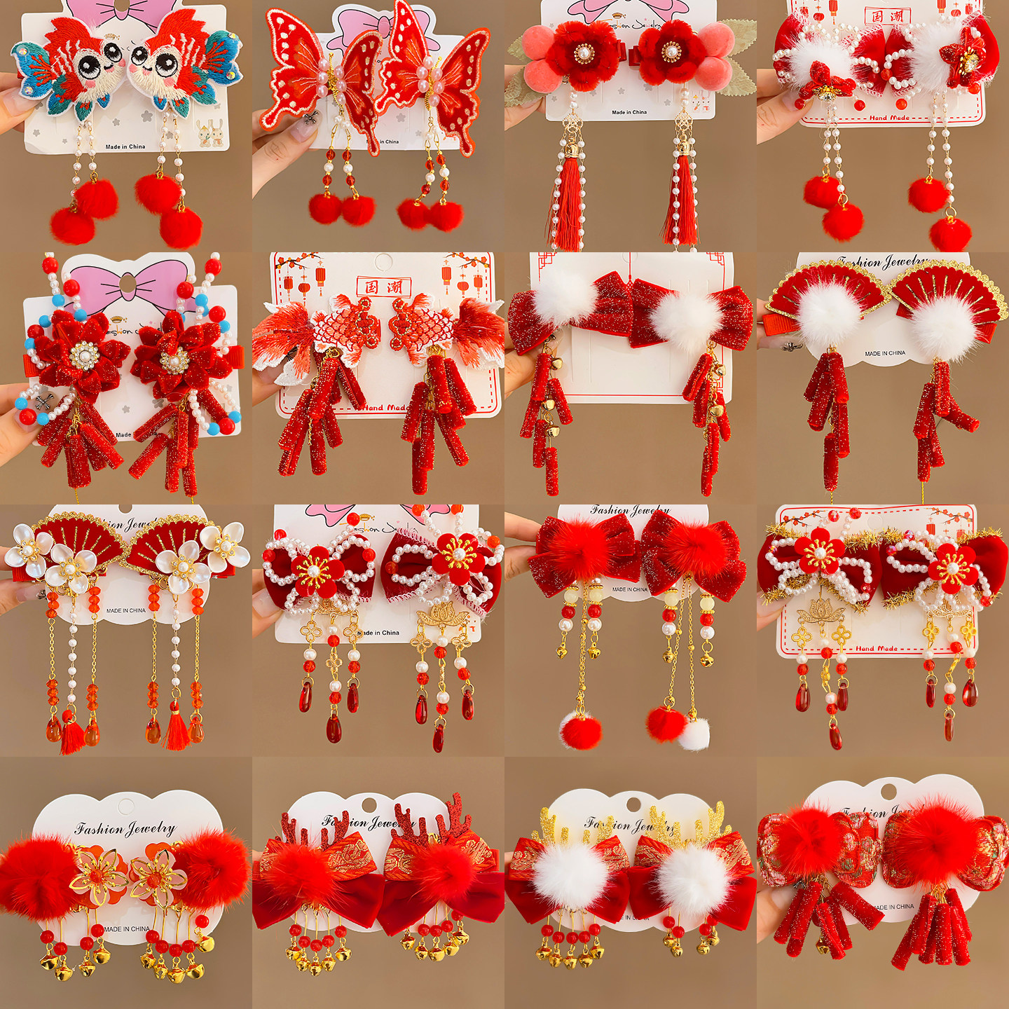 2026新年红色儿童发夹蝴蝶结