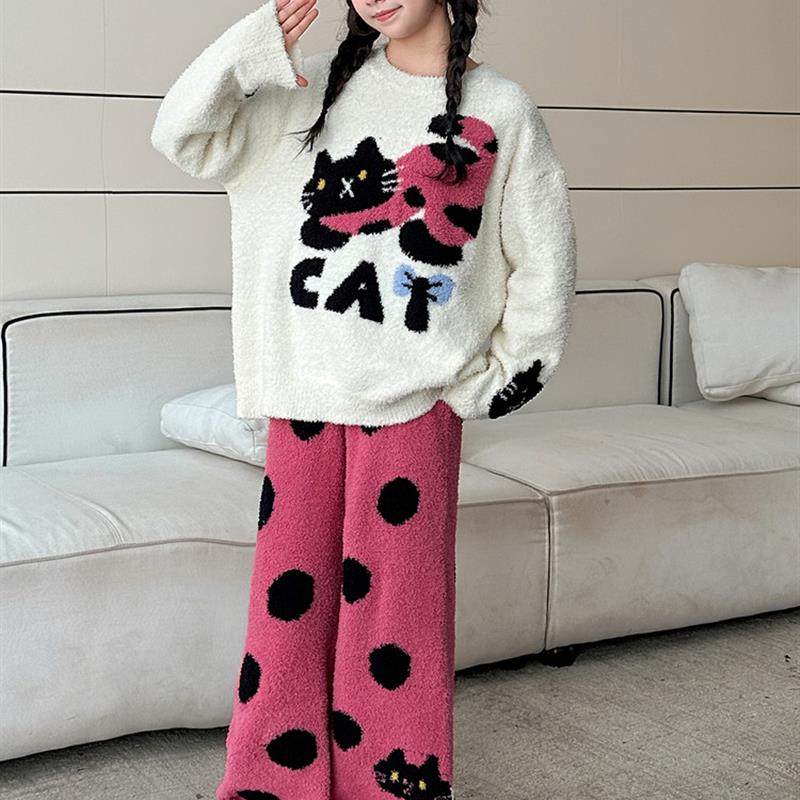 半边绒睡衣女童冬季加厚加绒珊瑚绒可爱小猫女孩家居服套装可外穿