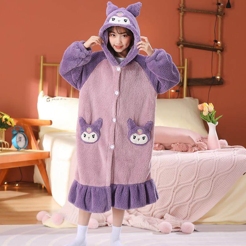 女童睡袍加厚珊瑚绒秋冬季儿童浴袍卡通库洛米小孩保暖睡衣公主裙