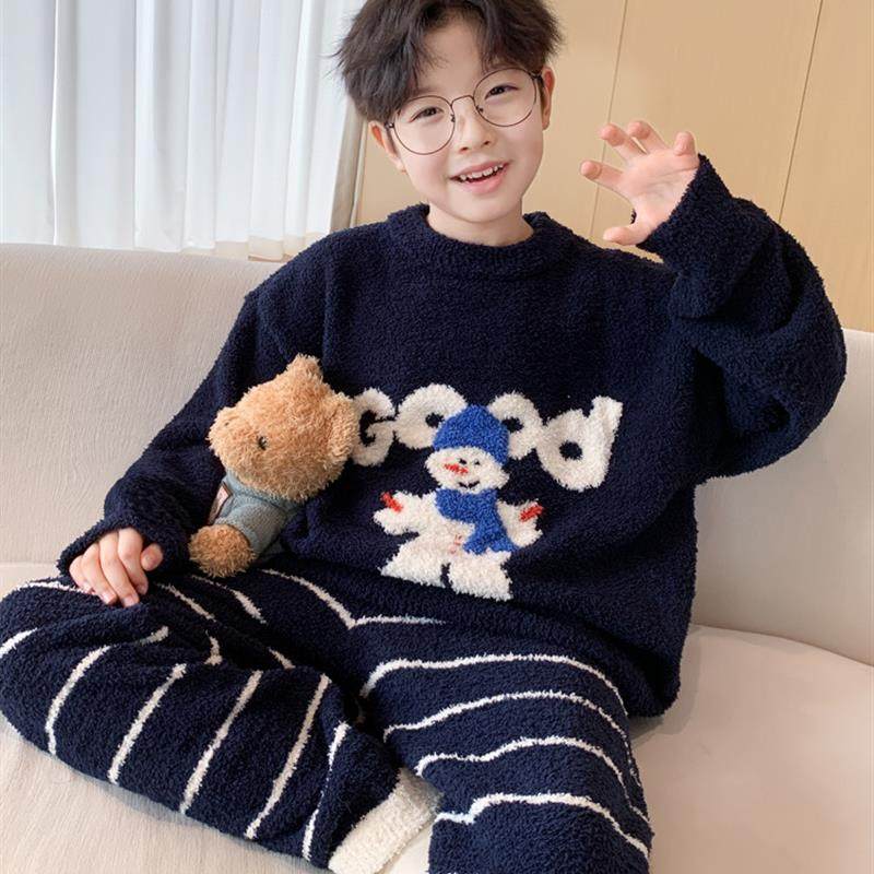 男童秋冬款珊瑚绒睡衣套装2025新款儿童半边绒冬季加绒加厚家居服