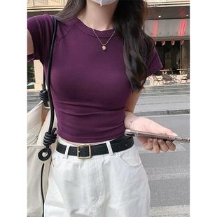 紫色正肩T恤女独特露脐小飞袖 短上衣夏季 小个子紧身美式 辣妹短袖