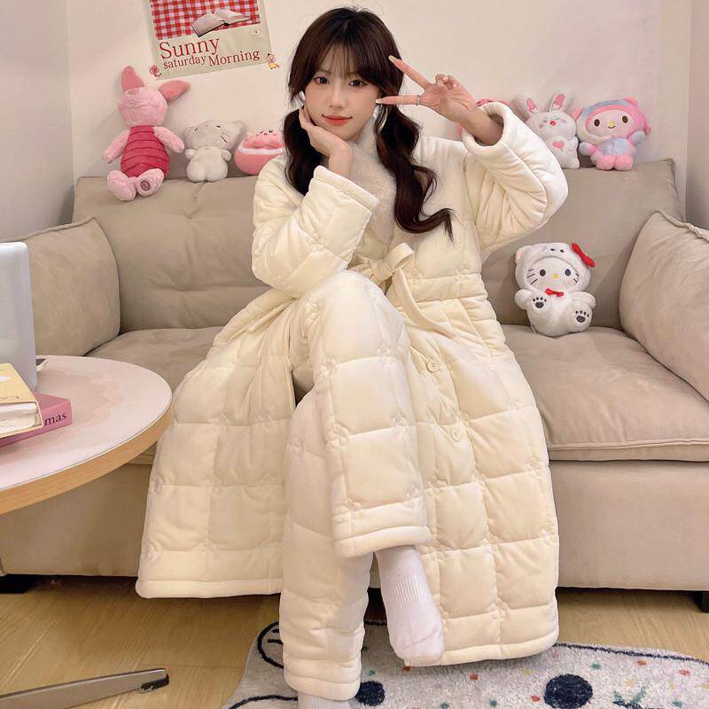 秋冬季睡衣女款三层夹棉珊瑚绒长款睡袍加厚加绒保暖家居服套装冬