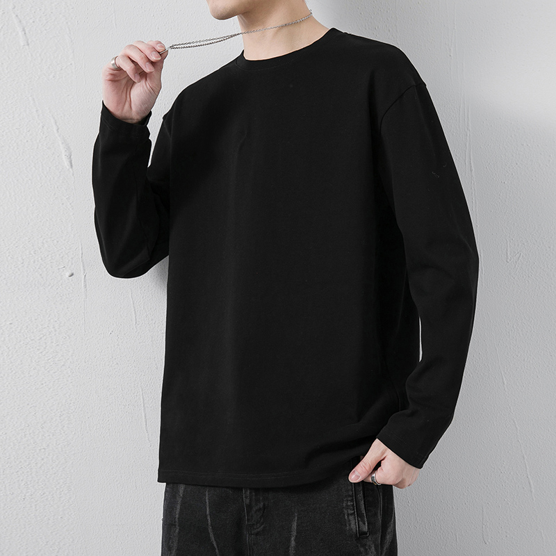 纯棉长袖T恤男春秋款ins潮流宽松卫衣上衣服纯色白色打底衫内搭潮