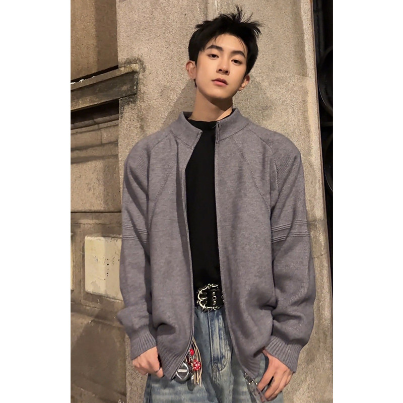 cleanfit灰色针织开衫外套男款秋冬高级感慵懒风日系立领拉链毛衣