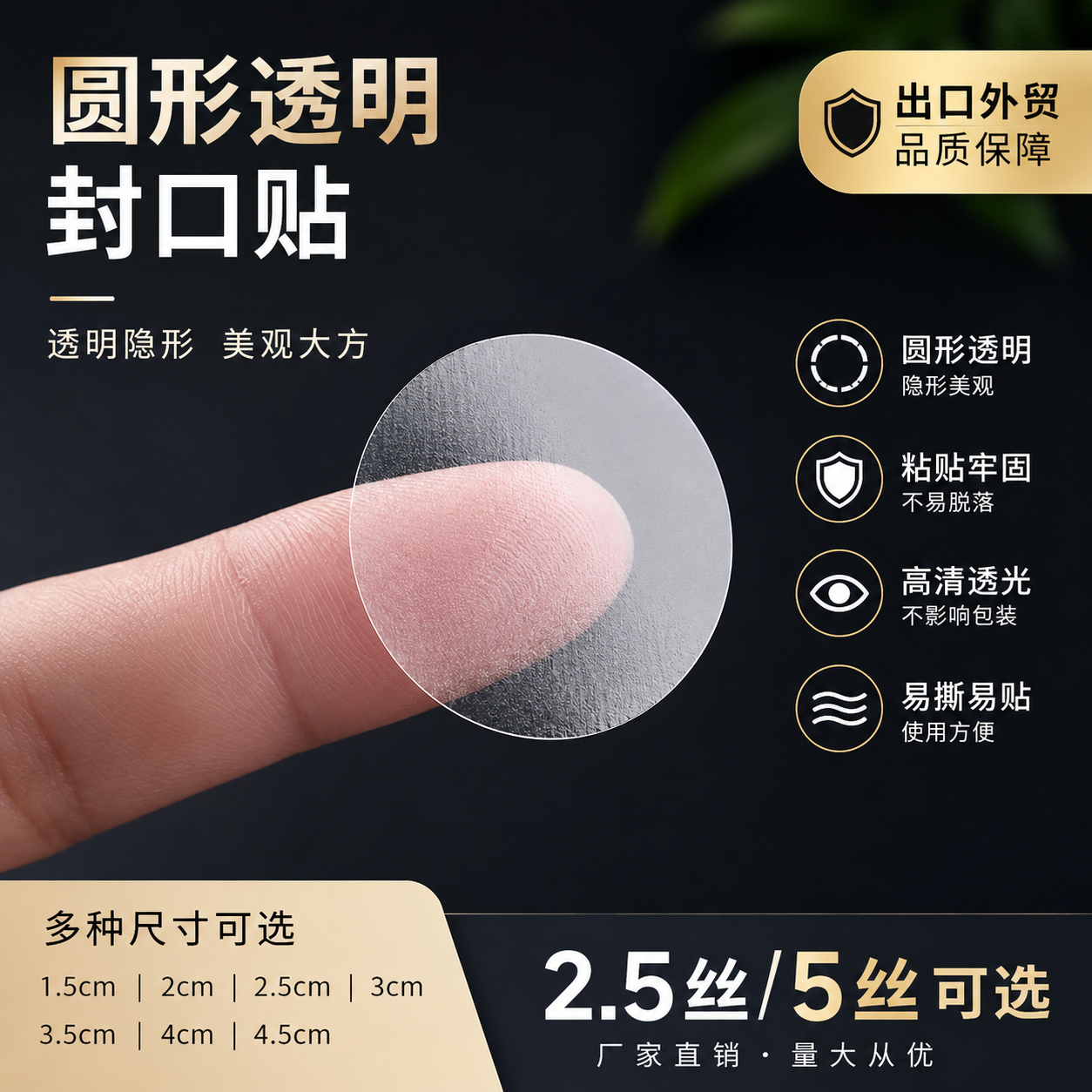 封口贴透明贴纸烫金pvc贴纸圆点贴圆形贴纸透明标签透明不干胶