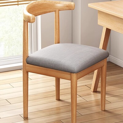 餐椅家用原木风书桌凳子现代简约餐厅餐桌靠背椅子实木铁艺牛角椅