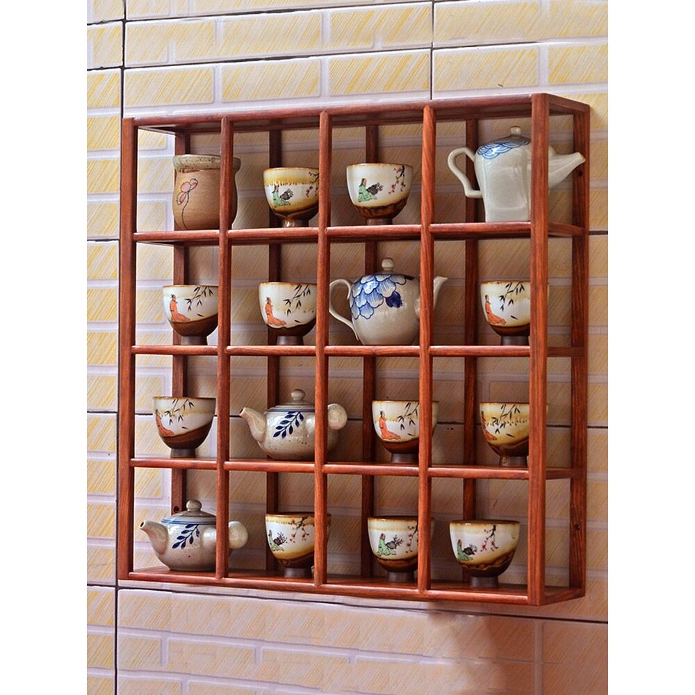 茶杯架子挂墙上实木壁挂式展示紫砂壶功夫茶具摆放收纳博古架