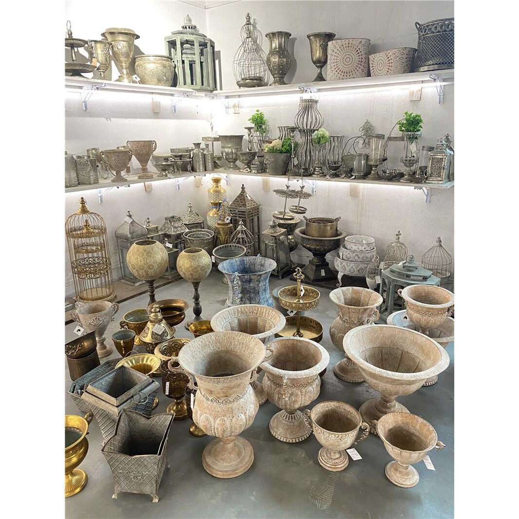 摩洛哥古典高脚杯花器复古金色做旧铁艺花器花瓮烛台果盘摆件装饰
