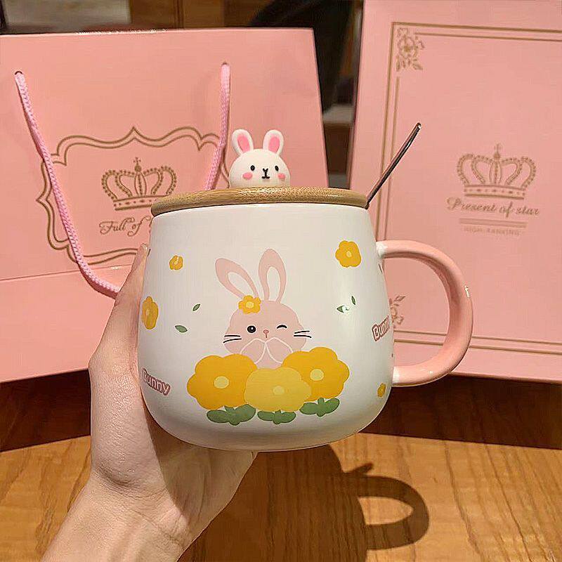 兔子马克杯带盖子勺水杯送女生礼物高颜值情侣杯子办公室女