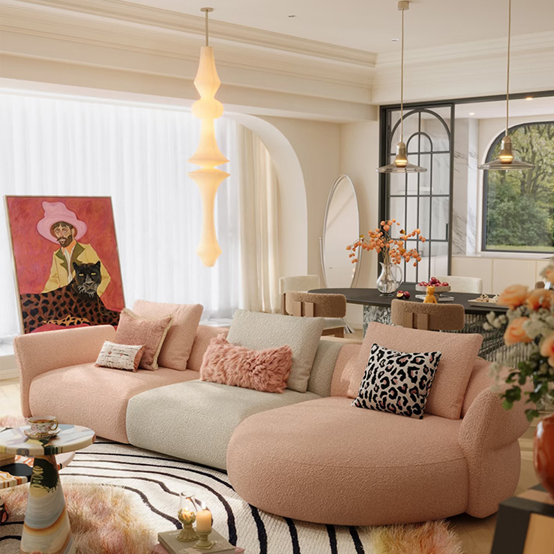 2025新款奶油风弧形样板间大小户型客厅布艺轻奢高级感侘寂风沙发