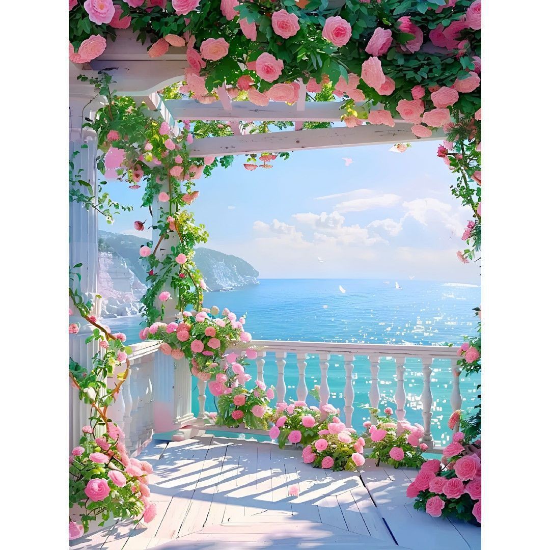 唯美浪漫粉色玫瑰花藤阳光海景自粘墙贴画卧室客厅餐厅背景墙壁纸