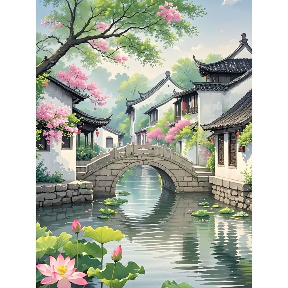 江南水乡小桥流水风景画客厅自粘墙贴装饰画卧室玄关走廊遮丑贴纸