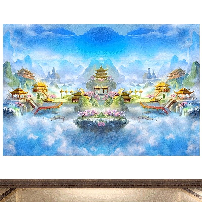 仙境仙堂自粘画山水画人间仙境佛堂背景仙家堂口风水画客厅装饰画