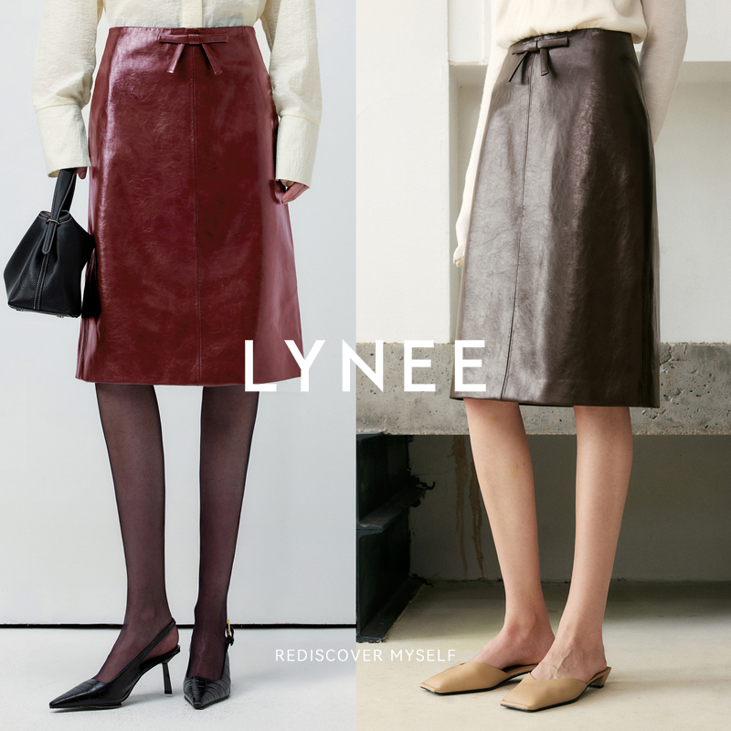 新LYNEE【梦巴黎】蝴蝶结PU皮半裙女肌理感小A字半身裙