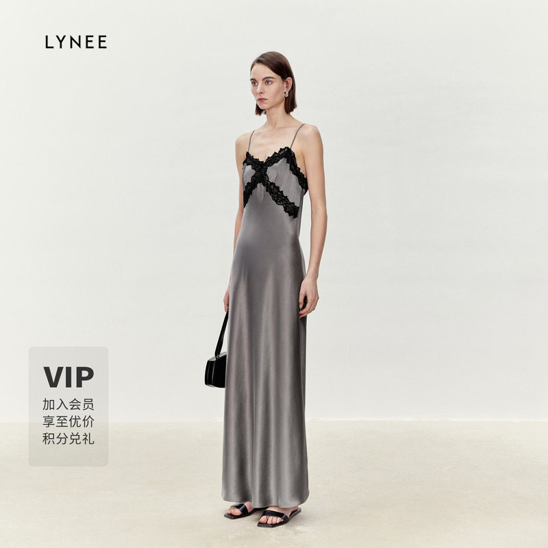 LYNEE醋酸缎面垂顺蕾丝连衣裙图片