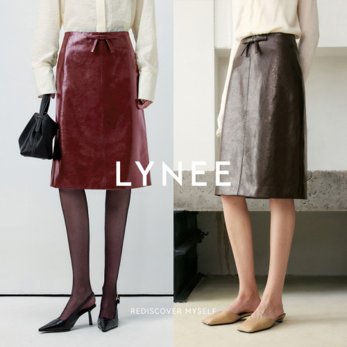 LYNEE【梦巴黎】蝴蝶结PU皮半裙女秋季新款肌理感高腰小A字半身裙