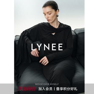LYNEE【黑标 女神裙】飘带针织长款连衣裙女秋季收腰气质小黑裙