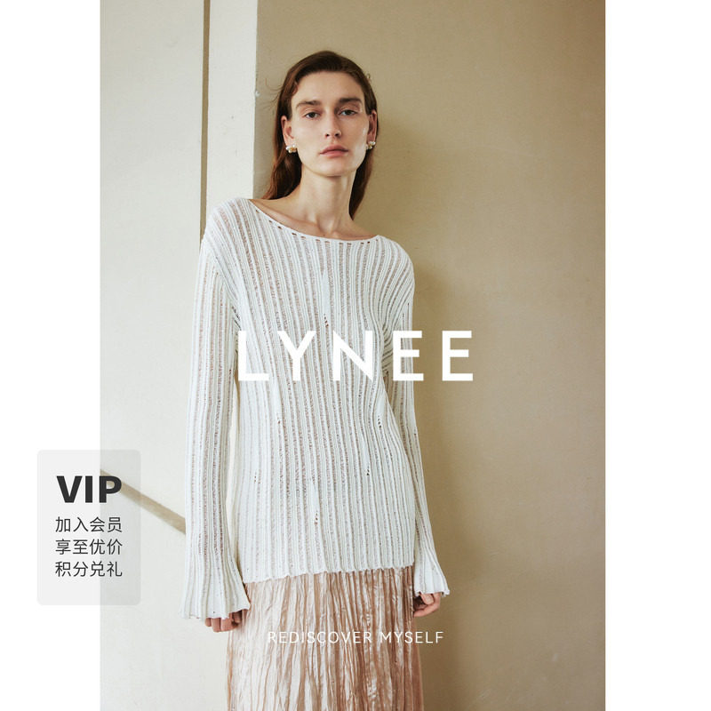 LYNEE【旧时光】慵懒竖条纹镂空针织上衣一字领长袖套头针织衫