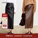 新LYNEE 斜侧褶皮高腰半裙女秋冬设计感复古半身裙PU皮裙