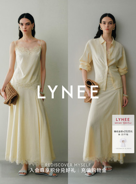 LYNEE【慢调生活】黄色衬衫半身裙三件套/蕾丝吊带/蕾丝半裙白色
