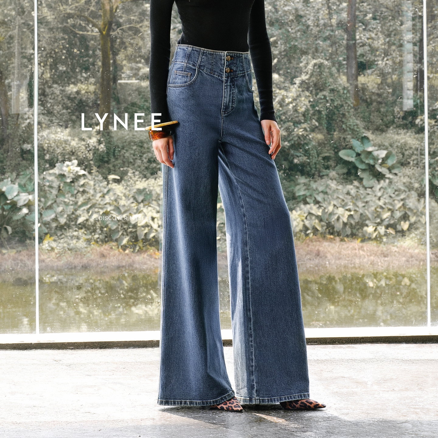 LYNEE【星轨】高腰阔腿牛仔裤女2025新款宽松复古金属扣百搭裤子