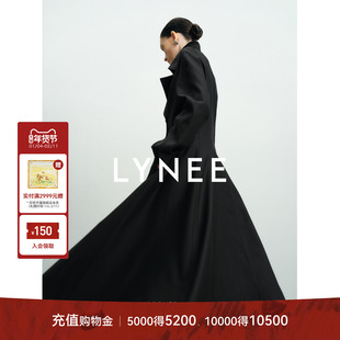 LYNEE【黑标】绵羊毛大女主收腰风衣女 赫本风长款黑色大衣外套