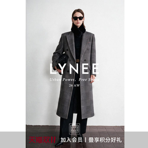 LYNEE黑标威尔士格纹羊毛大衣