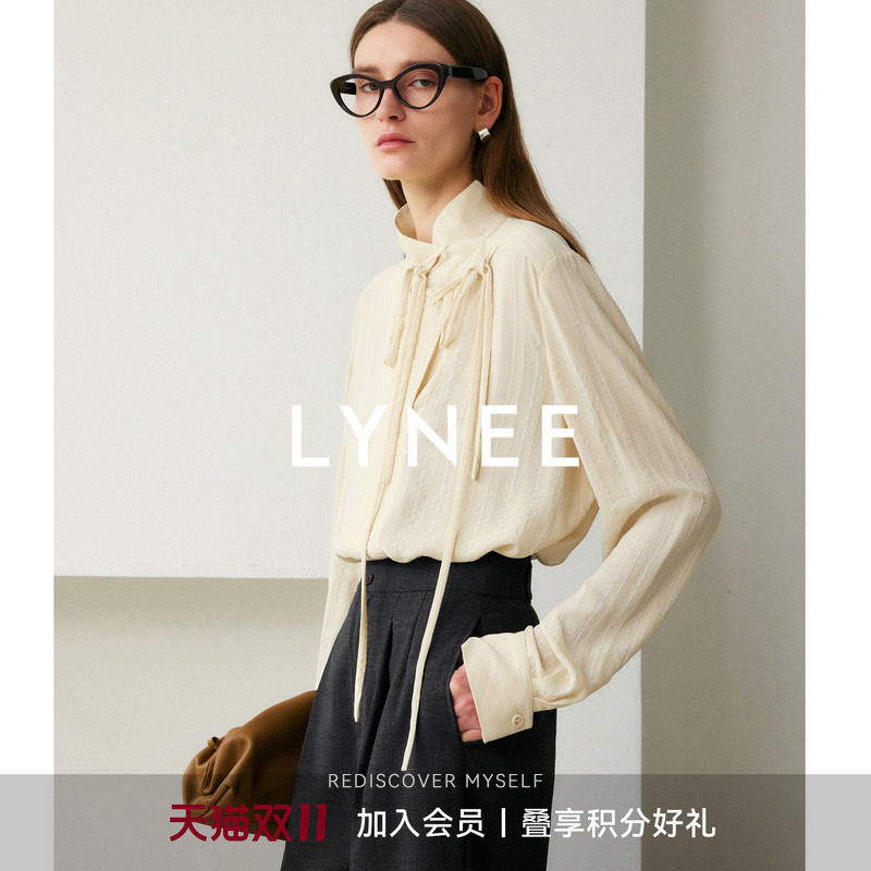 LYNEE X TORIL 【巴黎信笺】系带翻领上衣女秋新款设计感条纹衬衫