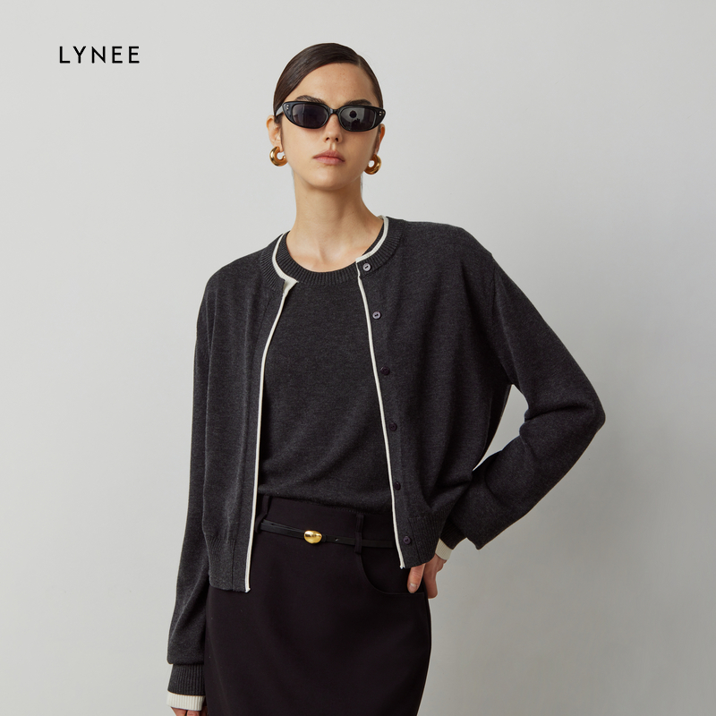 LYNEE撞色天丝羊毛针织开衫女