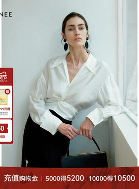 【胡可推荐】LYNEE 法式简约百搭衬衣女秋新款白色V领设计感上衣