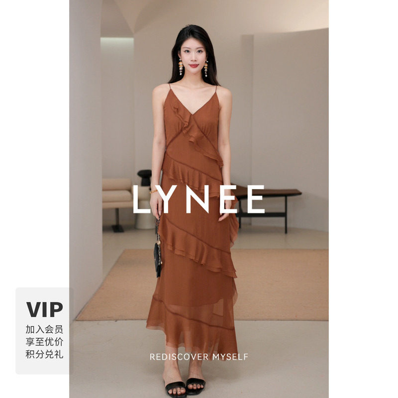 LYNEE【岛屿日落】薄纱皱褶吊带连衣裙 chl0e 荷叶边夏季长裙