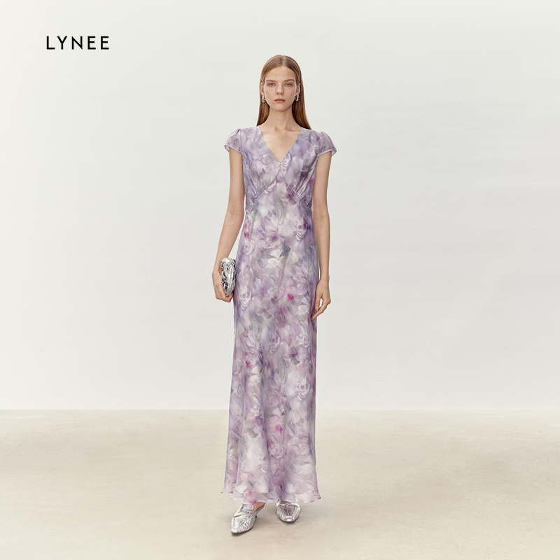 LYNEE 小盖袖V领朦胧感双层印花连衣裙女修身优雅显瘦长裙